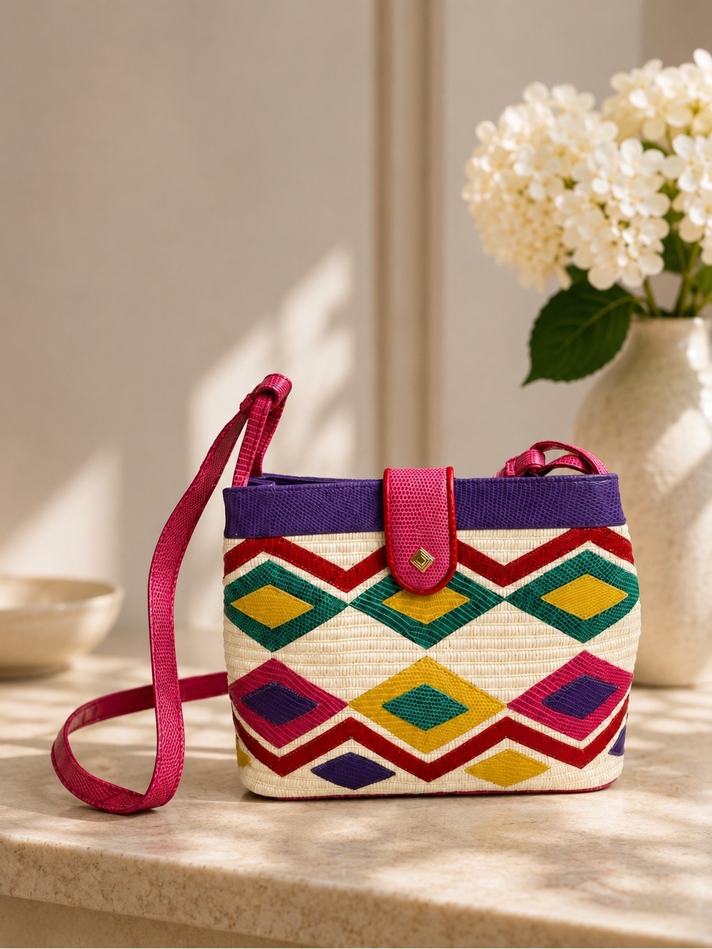 Vintage geometric 1980's multicolor leather and Straw bag/ purse, crossbody